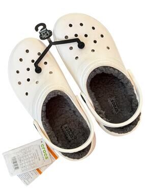 Crocs Classic Lined Clog Kids J3 White/Grey Fleece Winter Clogs NWT